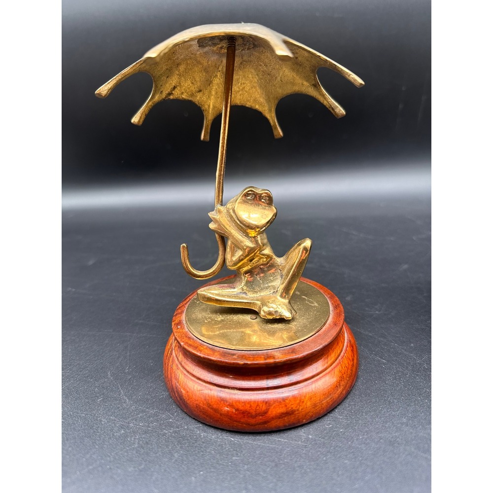 Vintage Brass Frog Umbrella Figurine Wooden Base MCM New in box with wood stand